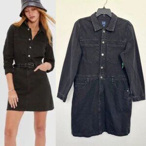 Gap Denim Mini Dress Long Sleeve Black Wash Americana Button Down Women's 14 NEW